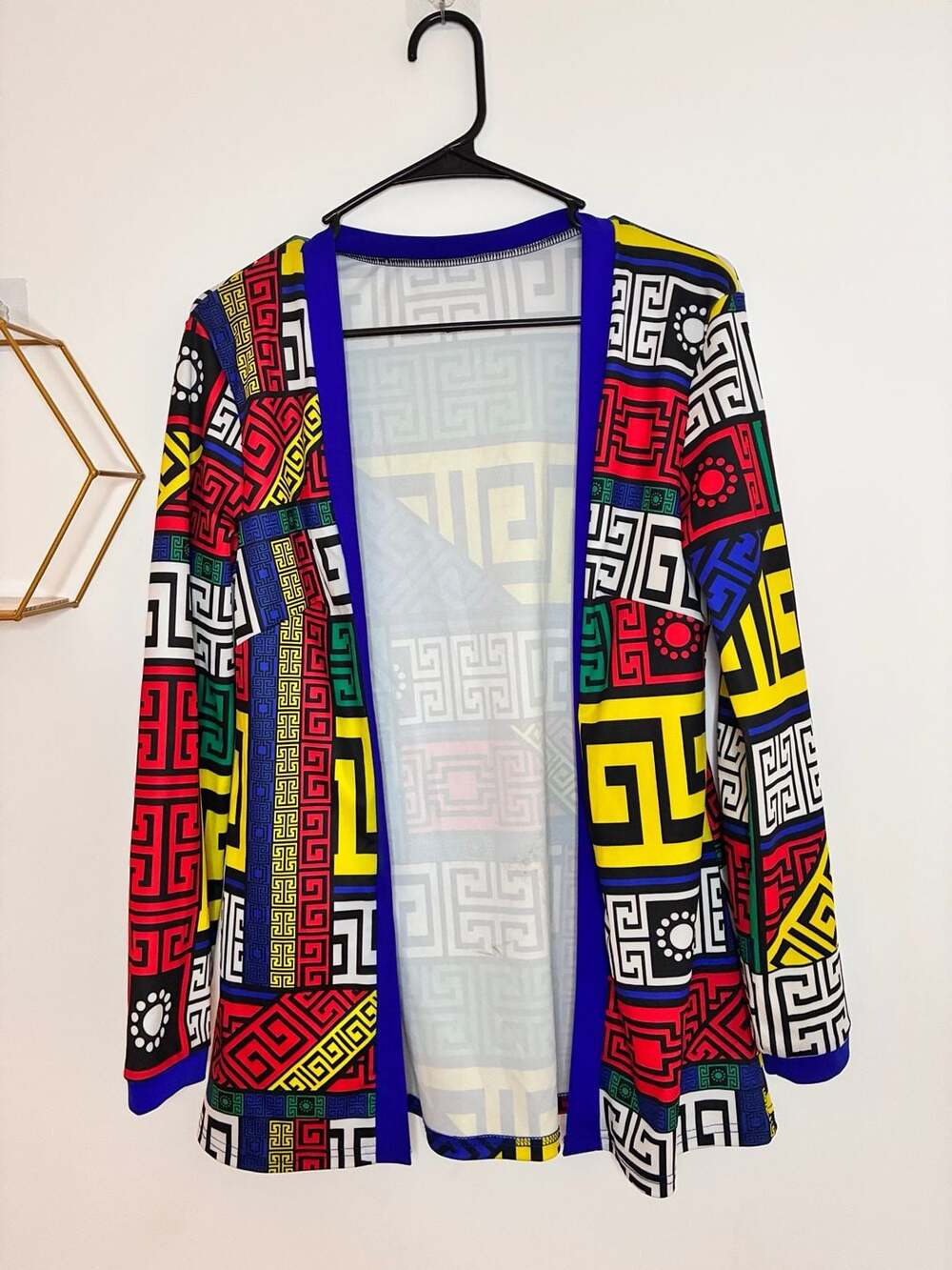 Multicolor Geometric Greek Key Print Open Front Long Sleeve Cardigan Size M